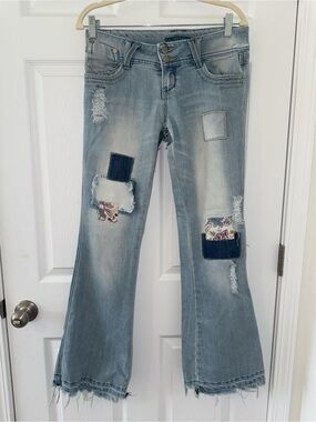 Almost Famous Patchwork Distressed Flare Jeans Size 7 Boho Y2K